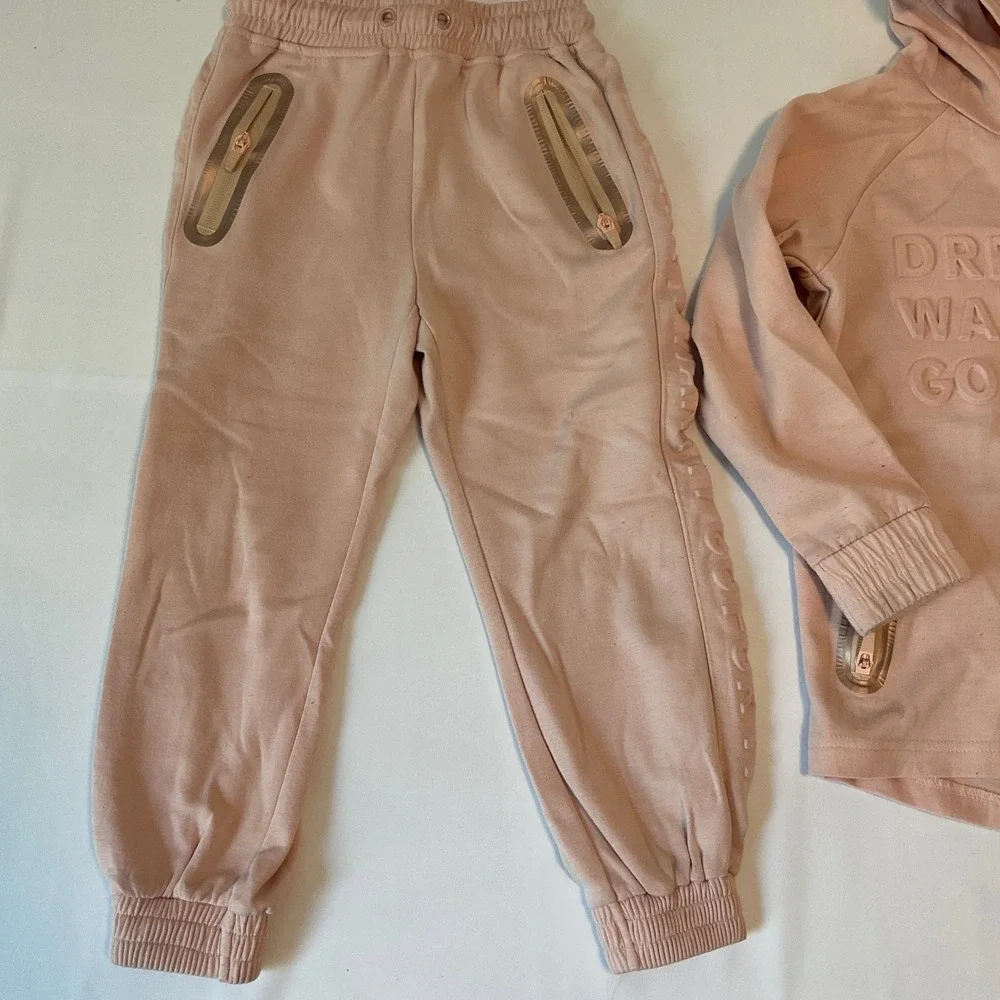 ZARA Hoodie Jogger Set Kids Size 6 Pink Excellent Embossed Rose Gold Tracksuit